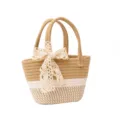 Woven tote bag for women, khaki and white color block with cute lace bow handle detail, summer bag. - With Scarf / Khaki
