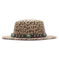 Sombrero de fieltro plano con estampado de leopardo y tachuelas turquesas ala ancha mujer - M (56-58cm) / Caqui