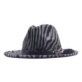 Stylish zebra stripe fedora hat with leather belt and metal charm, autumn winter fashion hat. - M (56-58cm) / Gray