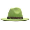 Neon-Grüner Fedora Hut mit Leopardenmuster Gürtel Breite Krempe Jazz Hut Damen Wollfilz - M (56-58cm) / Grün