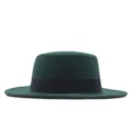 Grüner flacher Wollfilz Fedora Hut retro Herbst Winter Jazz Hat mit schwarzem Band - Dunkelgrün
