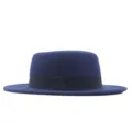 Dunkelblaue flache Fedora Wollfilz Hut Retro Herbst Winter Jazz Hut Detail Ansicht - Marineblau