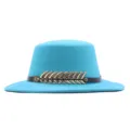 Blauer Fedora Hut mit flacher Krone, Retro Wollmütze mit schwarzem Gürtel und Fischgräten. - Seeblau