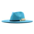Blaue Wollfilz Fedora Hut mit schwarzem Band und goldener Blatt Dekoration für Damen. - Erwachsene (56-58cm) / Seeblau