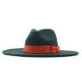 Damen breite Krempe Wolle Fedora Hut mit orangefarbenem Band, elegante dunkelgrüne Jazzmütze. - Erwachsene (56-58cm) / Dunkelgrün