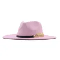 Rosa Woll Fedora Hut für Damen mit schwarzem Band und goldenem Blattdekor breite Krempe neu - Erwachsene (56-58cm) / Rosa