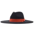 Klassischer schwarzer Woll-Breitkrempen-Filzhut mit lebendigem orangefarbenem Band für Damen. - Erwachsene (56-58cm) / Schwarz
