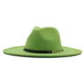 Grüner Wollfilz Fedora Hut für Damen, klassischer breiter flacher Jazzhut mit Kettendekor. - Erwachsene (56-58cm) / Grün
