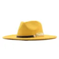 Damen gelber Wollfilz Fedora Hut mit schwarzem Band und goldener Blatt Dekoration Herbst - Erwachsene (56-58cm) / Gelb