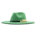 Grüner Damen Wollfilz Fedora Hut mit schwarzem Gürtel und goldenem Blattdekor, eleganter Stil. - Erwachsene (56-58cm) / Obstgrün