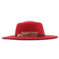 Damen roter flacher Filzhut Fedora mit Metall Fischgräten Band Herbst Winter Wollhut - M (56-58cm) / Rot