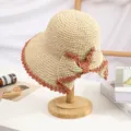 Chapeau de paille femme crocheté main chapeau de soleil bob élégant avec noeud - M (56-58cm) / Beige