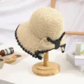Chapeau de paille tissé à la main pour femme été protection solaire bob nœud noir - M (56-58cm) / Beige avec Bordure Marine