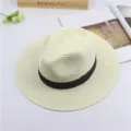 Sombrero de paja beige clásico con cinta negra, sombrero de sol elegante para verano. - Blanco Crema Cuadrado