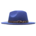 Blauer Filzhut mit breiter Krempe Damen Herren, stilvoller Leo-Gürtel Jazzhut Frühlingshut - M (56-58cm) / Blau