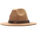 Khaki Fedora Hut mit Leo-Muster Gürtel Damen Breiter Krempe Filz Jazz Kappe Frühling - M (56-58cm) / Khaki