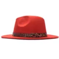 Roter Damen Fedora Hut mit Leopardenmuster Gürtel und Metallschnalle breite Krempe Jazz Hut. - M (56-58cm) / Orange