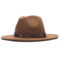 Klassischer brauner Wollfilz Fedora Hut mit modischem Leopardenmuster Gürtel für Unisex. - M (56-58cm) / Camel