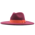 Breiter Wollfilzhut für Damen, eleganter burgunderroter Jazzhut mit orangenem Band. - Erwachsene (56-58cm) / Burgunderrot