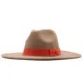 Damen Woll Filzhut mit breiter Krempe und auffälliger oranger Schleife, eleganter Jazzhut. - Erwachsene (56-58cm) / Khaki
