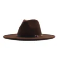 Brauner Woll-Fedora-Hut für Damen, breite flache Krempe, Winter-Jazz-Hat mit Kettendetail. - Erwachsene (56-58cm) / Kaffeebraun