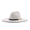 Weißer Filz Fedora Hut für Damen, breite Krempe Jazz Hut mit schwarzem Lederband Kette. - Erwachsene (56-58cm) / Creme