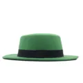 Grüner flacher Wollfilzhut mit schwarzem Band, retro britischer Jazz Melone Hut für Unisex. - Grasgrün
