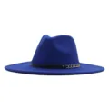 Blaue Wollfilz Fedora Hut Damen Breitkrempige Jazz Kappe mit schwarzem Lederband und Goldkette - Erwachsene (56-58cm) / Saphirblau