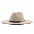 Beige Damen Wollfilz Fedora Hut, klassischer Breiter Rand Jazz Hut mit Schwarzem Kettengürtel. - Erwachsene (56-58cm) / Beige