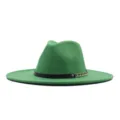 Grüner Wollfilz Fedora Hut mit schwarzem Lederband und Goldkette, breite Krempe. - Erwachsene (56-58cm) / Grasgrün