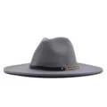 Grauer Wollfedora Hut für Damen, breite Krempe Jazz Kappe mit Leder und Goldkette. - Erwachsene (56-58cm) / Hellgrau