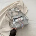 Mini sac à dos argenté pour femme, cartable mignon avec cordon rose et perles fantaisie. - Argent