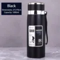 Botella térmica de acero inoxidable negra, termo deportivo portátil de 1000 ml. - Camisola Negra