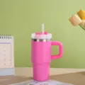 Pink stainless steel insulated tumbler with straw and comfortable handle for drink - 14oz / Bright Pink