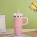 Pink insulated tumbler with straw and handle, 304 stainless steel coffee mug for daily use. - 14oz / Pink