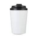 Portable 12oz stainless steel vacuum insulated travel coffee mug in white with black lid - White