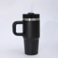 Taza térmica de acero inoxidable 304 negro mate con asa y paja para café y bebidas. - 14oz / Negro