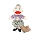 Detail view of the plush grandmother hand puppet showing facial features and clothing. - Full-Body Open-Mouth White Grandmother Hand Puppet