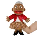 Plush family hand puppet toy grandma character variant with red jacket and patterned skirt. - Full-Body Open-Mouth Black Grandmother Hand Puppet