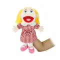 Plush hand puppet toy featuring a blonde girl in red checkered dress for interactive play. - Full-Body Open-Mouth White Girl Hand Puppet