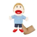 Cute plush family hand puppet toy with blue striped shirt and red shoes for kids role play - Full-Body Open-Mouth White Boy Hand Puppet