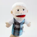 Elderly grandfather plush hand puppet with blue plaid vest for interactive storytelling play - Open-Mouth Grandfather Hand Puppet