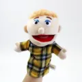 Simpatico giocattolo burattino di peluche con capelli biondi e camicia a quadri gialli - Burattino Bambino Bocca Aperta