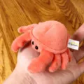 Plush crab toy detail view showcasing soft pink stuffed animal texture and cute eyes. - Crab Finger Puppet