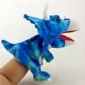 Marionnette à main tricératops bleue avec bouche mobile, peluche douce cadeau enfant. - Marionnette Triceratops