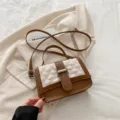 Women contrast color quilted crossbody bag in brown and white fashion shoulder bag - White and Brown