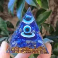 Crystal resin orgonite pyramid with lapis lazuli chips and evil eye decor, home office desktop decor. - Lapis Evil Eye (QK92) / 5cm [Neutral Color Box]