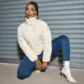 Women winter cropped puffer jacket PU leather warm short outerwear stand collar coats - S / Tops / White