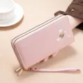 Monedero largo rosa para mujer con cremallera multicapa y correa de muñeca elegante - Estilo de Doble Cremallera (SLW-501) / Rosa