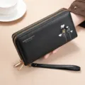Cartera larga de mujer negra con doble cremallera y correa de muñeca vista detallada - Estilo de Doble Cremallera (SLW-501) / Negro